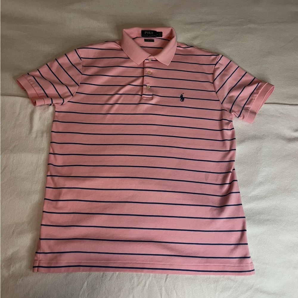 Ralph Lauren Pink and Navy Striped Polo Shirt Mens Size Medium EUC